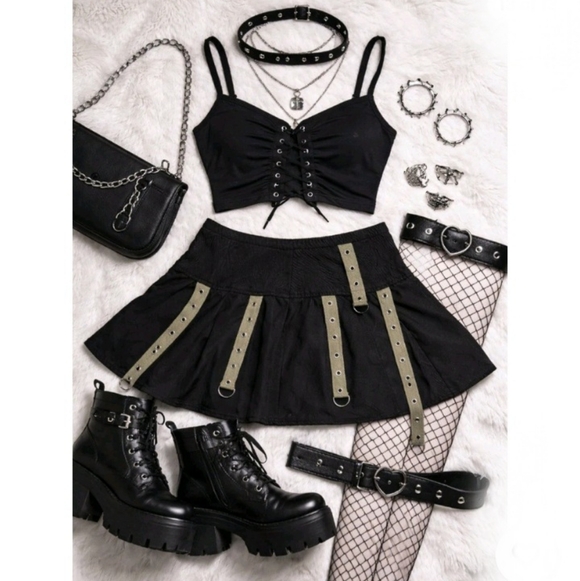 Social Collision Dresses & Skirts - Social Collision Gothic Mini Skirt Strappy D-Ring Black Punk Grunge Alt Y2K 26"